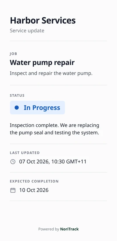 Customer status page for a fictional water pump repair, showing In Progress, the latest update, last updated time and expected completion date.