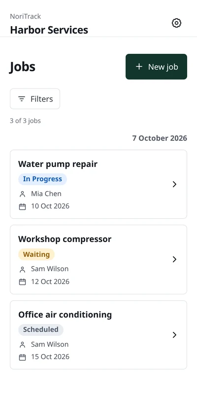NoriTrack Jobs page for a demo service company, showing assigned team members, job statuses, completion dates and the Filters button.